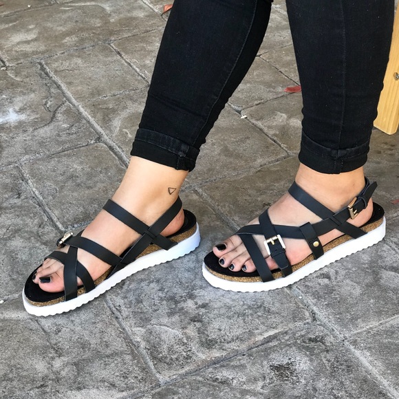 Black Cork Thick Flatform Strappy Sandals - Picture 3 of 7